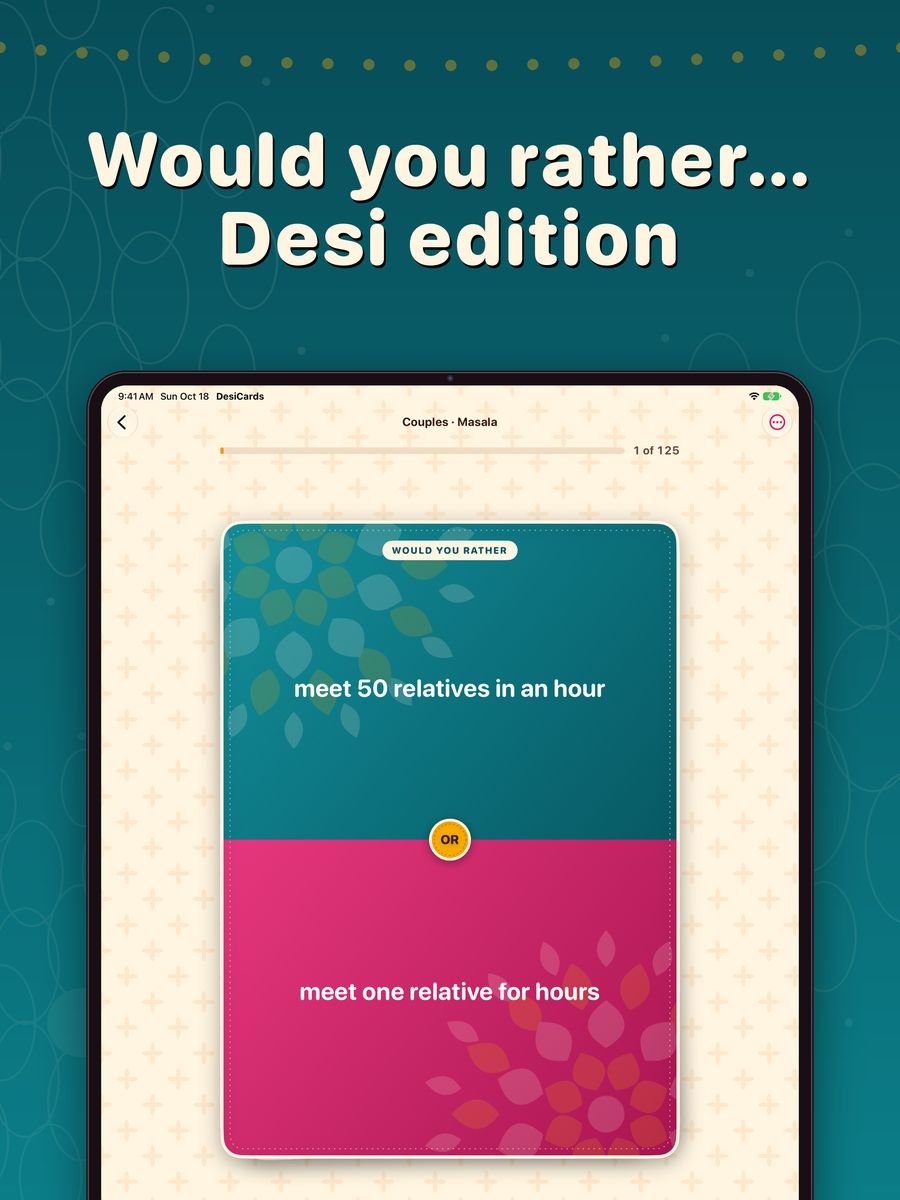 DesiCards on iPad: a Would You Rather card, meet 50 relatives in an hour or meet one relative for hours.
