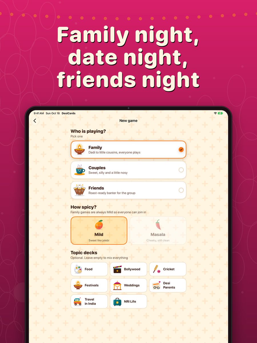 DesiCards on iPad: the new game screen with Family, Couples and Friends, Mild or Masala, and topic decks.