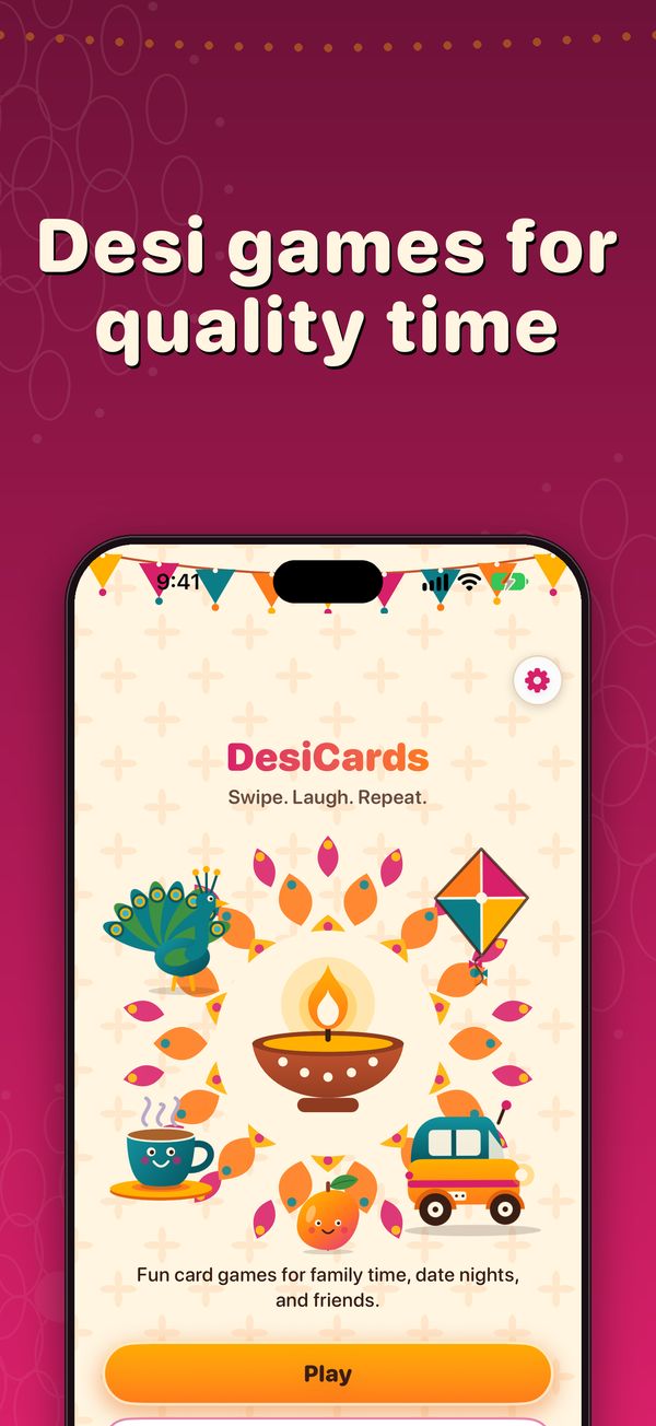 Desi games for quality time: the DesiCards home screen with a festive diya, peacock and kite illustration and a Play button.