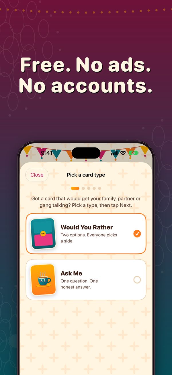 Free. No ads. No accounts. Suggest a card by picking Would You Rather or Ask Me.
