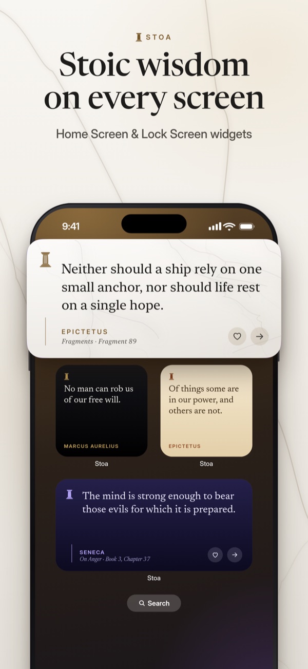 Stoa widgets on an iPhone Home Screen showing short passages from Epictetus, Marcus Aurelius and Seneca.