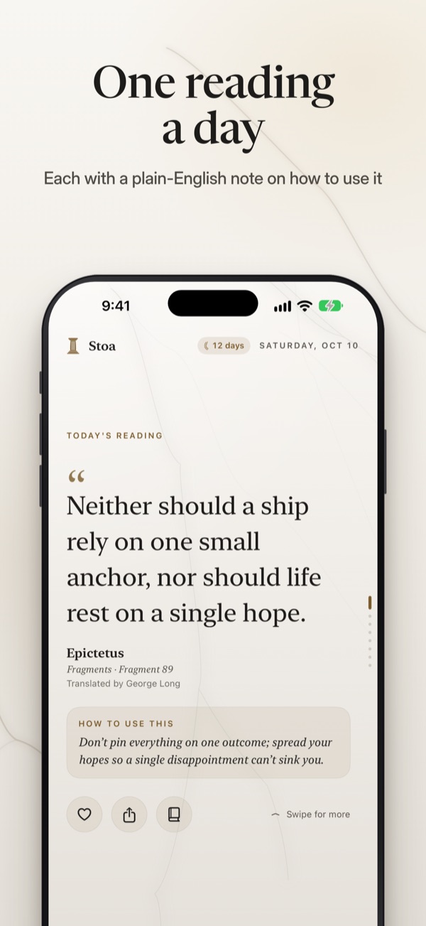 Stoa’s daily reading screen with a passage from Epictetus, translated by George Long, and a short note on how to use it.