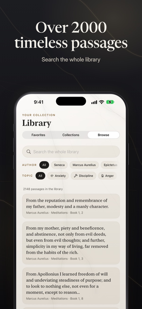 Stoa’s library, with search and filters by author and topic over passages from Marcus Aurelius, Seneca and Epictetus.